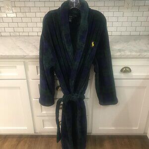 Polo Ralph Lauren Robe Mens Small Medium Black Watch Plaid Fleece Bathrobe Luxe
